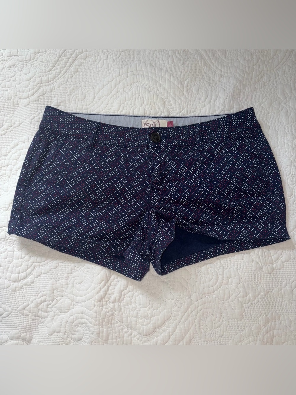 So Y2K Cuffed Low Rise Mini Shorts. Size: 9. Printed Navy.